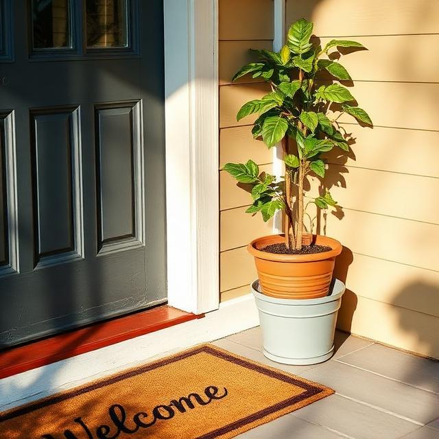 A finished porch with a welcome mat and potted plant